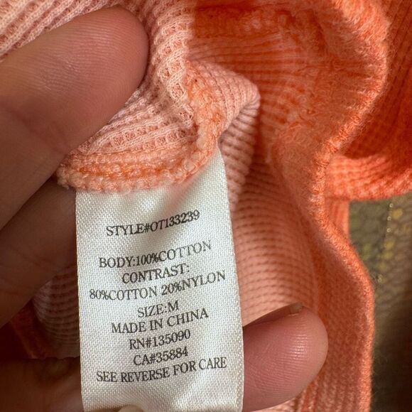 Others Follow Coral Orange Lace Sleeve Waffle Knit Boho Long Sleeve Top Medium - Picture 6 of 6